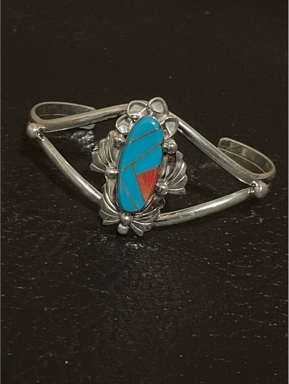 Navajo handmade inlay turquoise spiny oyster bracelet sterling silver